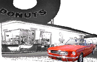1965 MUSTANG-Cabriolet vor RANDY'S DONUTS in Inglewood, Los Angeles