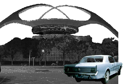 1966 MUSTANG-Coupe vor Flughafen-Restaurant in Los Angeles